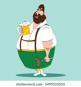 Joyful bearded man dressed in traditional Bavarian clothes, holding frothy beer and sausage, on light blue background. Concept of Oktoberfest, festival, holiday, brewery. Vector illustration