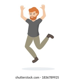 Joyful bearded man in jumping action with hands up. Isolated vector illustration