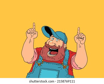 A joyful bearded worker points with his finger. Advertising and announcement background