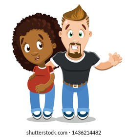 Joyful bearded young man hugging his african american pregnant wife. Romantic relationship between man and woman. Multiracial couple expecting baby. Vector cartoon isolated on white.