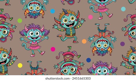 Joyful, beautiful, cute, funny monster mystics, funny with colorful ornaments, and a cartoon face.