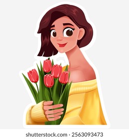 Joyful beautiful girl holding a bouquet of red tulips, clutching to her chest. Cartoon vector, comic illustration, for holidays, used for stickers, greeting cards, collages, print and web design.   