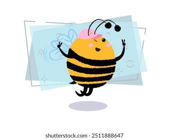 Joyful bee in pink cap dancing and having fun. Joy concept. Vector illustration can be used for topics like party, invitation, leisure