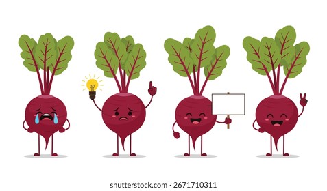 Joyful beetroot characters expressing a range of emotions and ideas for nutrition and wellness projects