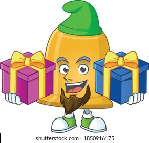 A joyful bell mascot design style with Christmas gifts. Vector illustration