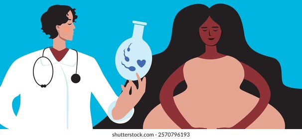 Joyful BIPOS pregnant woman with black skin as a concept of family planning through in vitro fertilization, flat vector stock illustration, consultation with doctor for IVF