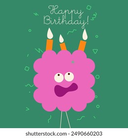A joyful birthday card with a playful candle character on a deep purple background, surrounded by celebratory confetti.