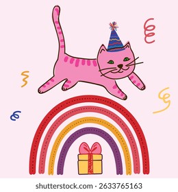 Joyful birthday cat illustration with rainbow, present, and party hat, colorful vector perfect for greeting cards and designs.
