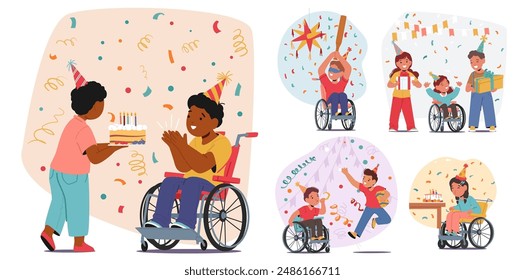 Alegre Fiesta De Cumpleaños Con Niños, Incluidos Los Que Están En Sillas De Ruedas, Celebrando Con Pastel, Regalos Y Decoraciones. La Imagen De Vector Capta La Esencia De Inclusión, Felicidad Y Amistad Entre Los Niños