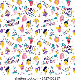 Joyful Birthday Party Seamless Pattern Background with Fun colorful Characters and Typography for Party Decor and Social Media. Vector illustration, flat style design vibrant colors