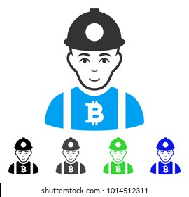 Joyful Bitcoin Miner vector pictograph. Vector illustration style is a flat iconic bitcoin miner symbol with gray, black, blue, green color variants. Person face has positive feeling.