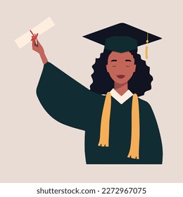 A joyful black graduate celebrates graduation with a diploma and graduate cap on the head. Concept for happy graduation poster or card template design. Flat vector illustration