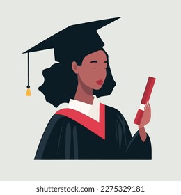 A joyful black graduate celebrates graduation with a diploma and graduate cap on the head. Concept for happy graduation poster or card template design. Flat vector illustration