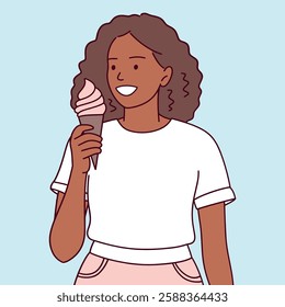 A joyful Black woman with short curly hair is about to eat a pink ice cream cone. She is wearing a white T-shirt and a pink skirt, smiling happily on a warm day. Flat vector illustration.