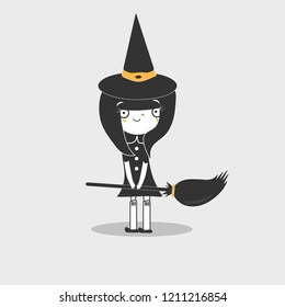 Joyful black-haired girl witch standing with broom and wearing black dress and hat. Kid character in costume .Vector flat cartoon illustration on white.