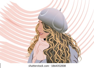 Joyful blonde woman dressed in gray coat, bonnet and a pink scarf. Vector