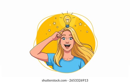 Uma mulher loira alegre com uma lâmpada acima de sua cabeça, sugerindo uma ideia brilhante ou inspiração.  Ela está brincando tocando seu templo, expressando excitação...