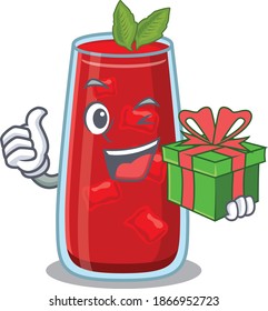 joyful bloody mary cocktail cartoon character with a big gift box
