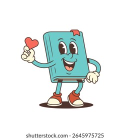 Joyful blue cartoon book character with red bookmark and red sneakers smiling and holding a small red heart in hand. Ideal for fun educational or love-themed content. Vector illustration