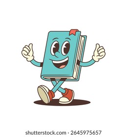 Joyful blue cartoon book mascot walking forward with raised hands and cheerful expression. Perfect for educational materials and entertainment design projects. Positive vector illustration