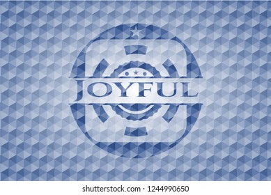Joyful blue emblem with geometric pattern background.
