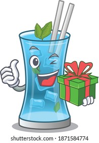 joyful blue hawai cocktail cartoon character with a big gift box