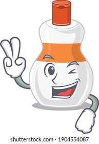 A joyful body lotion cartoon mascot style show two fingers pose. Vector illustration