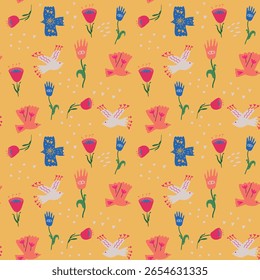Padrão de vetor de boho alegre com motivos florais místicos e pássaros extravagantes para têxteis felizes, embrulho e marca espiritual