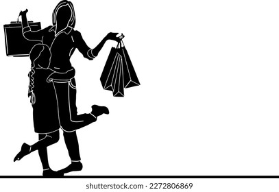 A Joyful Bond: Depicting a Silhouette of a Mother and Daughter Doing Happy Shopping,  The Art of Shopping: Sketching a Parent with Kid Carrying Bags in Vector Drawing