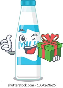 joyful bottle of milk cartoon character with a big gift box. Vector illustration