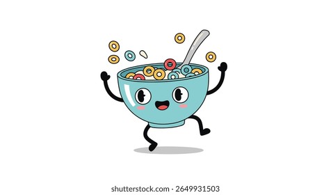 Boliche alegre de cereal com pedaços flutuantes e colher dançando alegremente