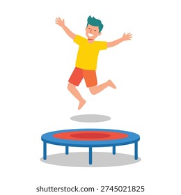 A joyful boy with arms outstretched leaps high in the air above a blue and red trampoline.