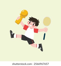 Joyful Boy Badminton Champion Leaping with Trophy and Racket