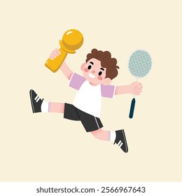 Joyful Boy Badminton Player Celebrating Victory with Trophy and Racket