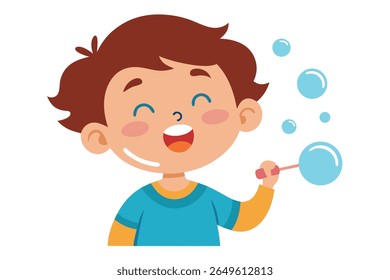 Joyful Boy Blowing Bubbles: Cheerful Cartoon Illustration, Playful Child, Happy Expression, Bright Colors, Fun Activity, Childish Design, Vector Graphic, Stock Image.