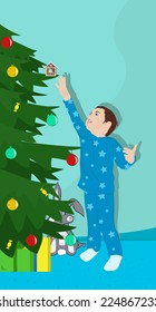 Joyful boy in blue pajamas wants to take the sweetness from Christmas tree, vector illustration