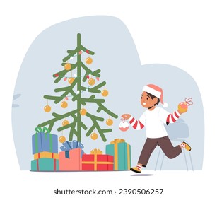 Joyful Boy Character Adorns The Christmas Tree With Colorful Ornaments, his Face Illuminated By The Warm Holiday Glow. Child Creating Festive And Heartwarming Scene. Cartoon People Vector Illustration