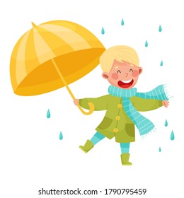 Joyful Boy Character in Rubber Boots and Raincoat Walking with Umbrella Vector Illustration