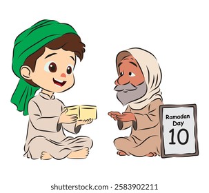 Joyful boy compassionately giving food to a poor elderly person during Ramadan.