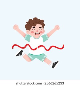 Joyful Boy Crossing Finish Line Winning Race Child Athlete Success Cartoon Illustration
