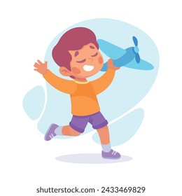 Joyful Boy Dream of Flying Play Plane Toy Vector Illustration