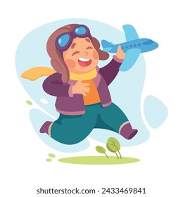 Joyful Boy Dream of Flying Play Plane Toy Vector Illustration