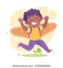 Joyful Boy Dream of Flying Play Cardboard Plane Toy Vector Illustration