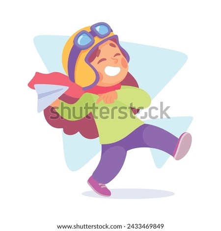 Joyful Boy Dream of Flying Play Paper Plane Toy Vector Illustration