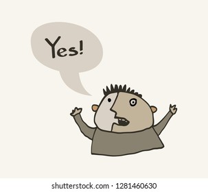 A joyful boy exclaims Yes and raises his hands up.