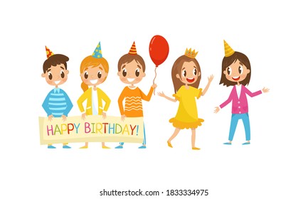 Joyful Boy and Girl Character with Festive Hat Holding Placard and Balloon Vector Illustration Set