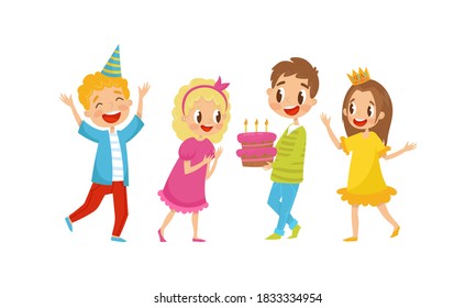 Joyful Boy and Girl Character Holding Cake with Candles Vector Illustration Set