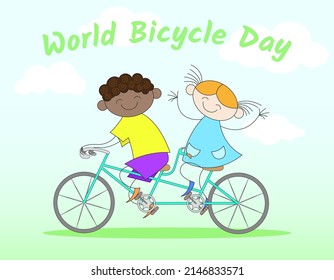 Joyful boy and girl on a tandem bike on a light background for World Bicycle Day