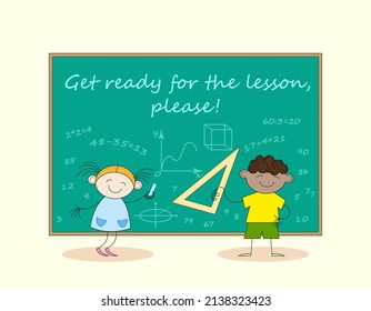 Joyful boy and girl are preparing for the lesson in front of the school board