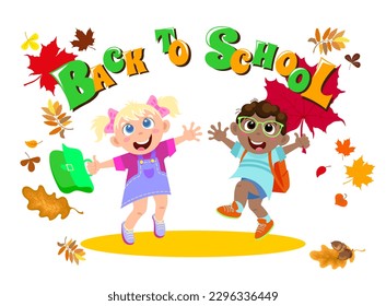 Joyful boy and girl with schoolbags go back to school. Vector illustration isolated on white background with autumn leaves and inscription